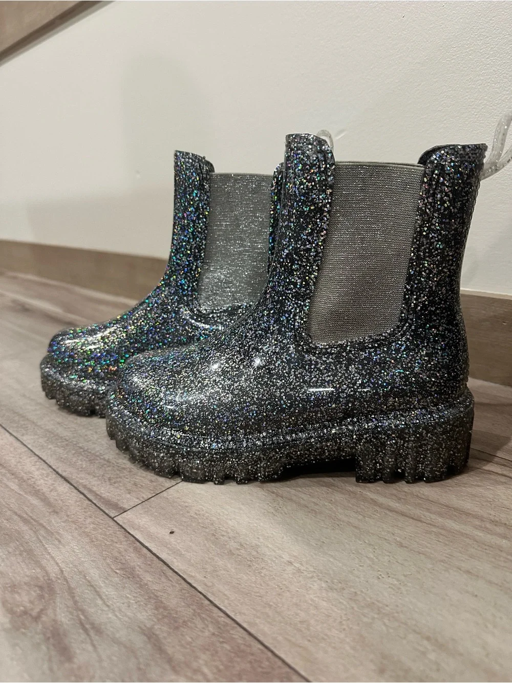 Girls Glitter Chelsea Rain Boots - Black Sparkle